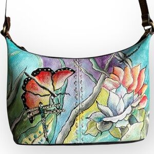Fossil Leather Hand Painted Dragonfly Flowers Artsy Shoulder Hobo Purse Bag